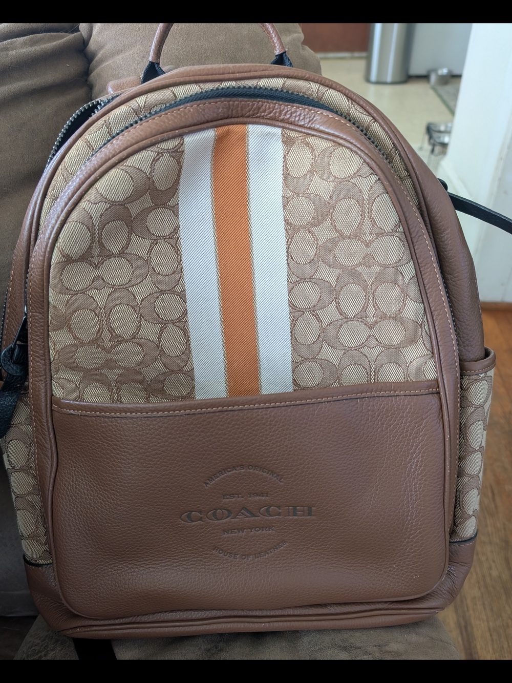 Coach Brown Signature Canvas Backpack with Cream and Tan Stripe